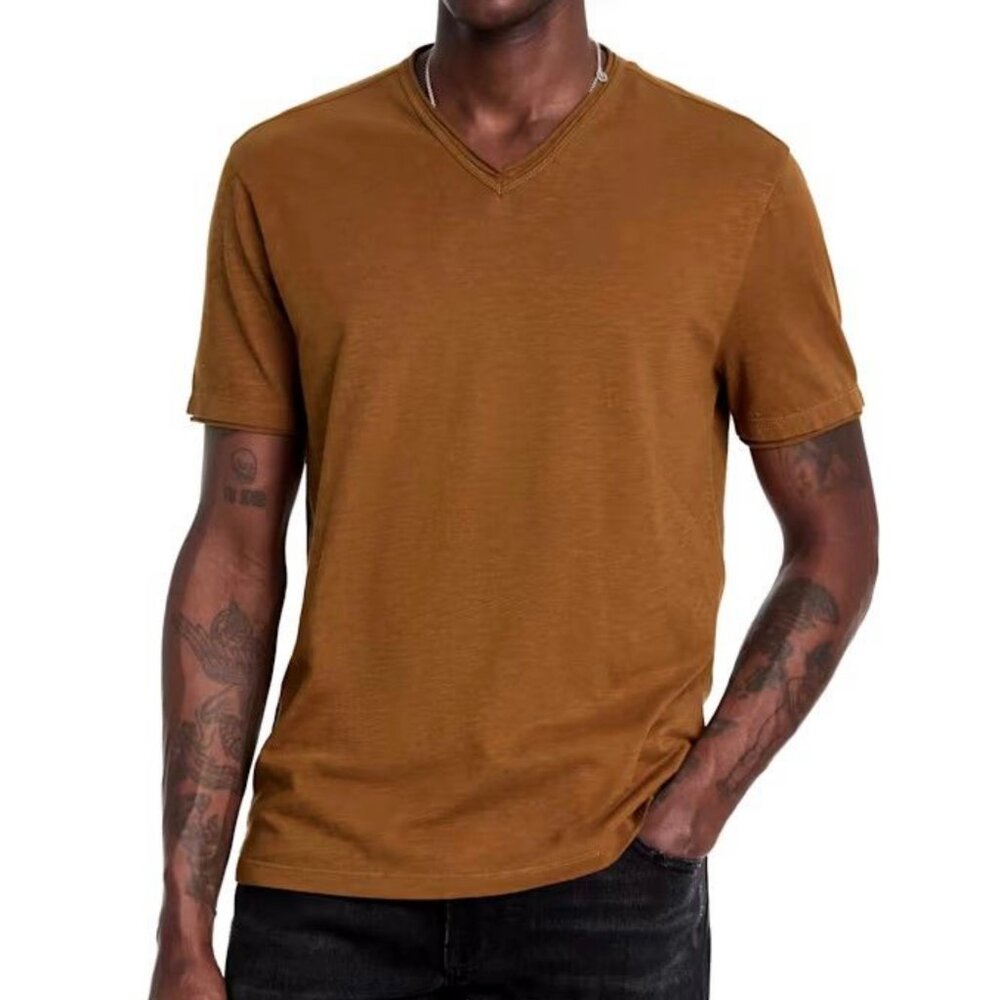 John Varvatos Men's Short Sleeve Miles Raw Edge Slub V Neck T-Shirt Sienna Brown